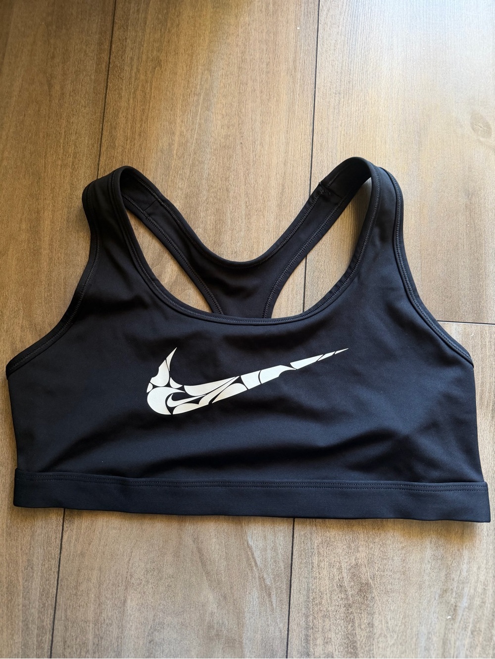 Nike Black Racerback swoosh Sports Bra with White Logo Accent